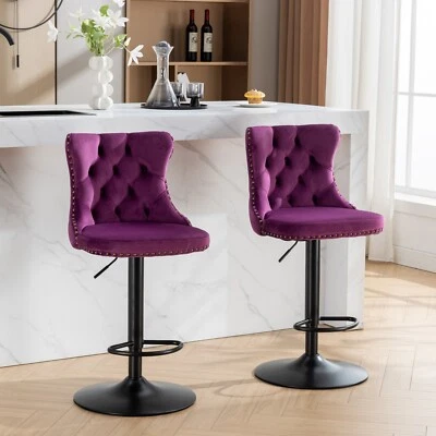 Set of 2 Swivel Velvet Bar Stools Adjustable Counter Height Dining Chairs Purple - Image 1 of 4