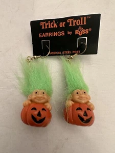 Russ Troll Green Hair Pumpkin Dangle Earrings NWT - Picture 1 of 5
