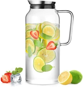 ecooe 2L Glaskaraffe Glaskrug mit Edelstahl Deckel Wasserkaraffe Glaskanne DHL - Bild 1 von 7