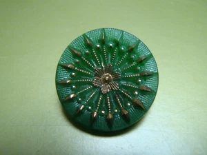 Vintage Green Glass Starburst Flower Button gold lustre 19mm shanked sew jewelry - Picture 1 of 2