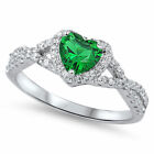 Women Sterling Silver Green Heart Cz Solitaire Engagement Ring 8Mm