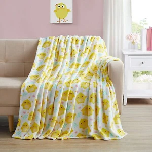 Spring Chicks Velvet Fleece Throw Blanket Soft Cozy Print Yellow White Aqua Pink - Picture 1 of 2