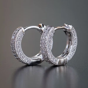 Sterling Silver Small Iced CZ Hoop Huggie Men Women Hip Hop Hoop Earrings - Picture 1 of 3
