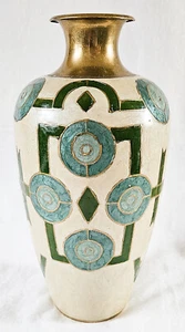 Brass Vase India Cloisonne Geometric Pattern White Green Blue 10.75" Pearlescent - Picture 1 of 10