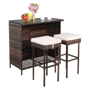 In/Outdoor 3 Pcs Patio Rattan Wicker Bar Table Stools Dining Set With Cushioned - Picture 1 of 12