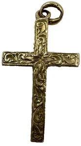 Antiguo colgante de cruz de oro grabado en remolino de flores - Imagen 1 de 3