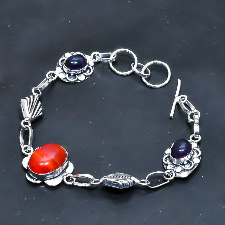 Pulsera Joyería Cornalina, Amatista Hecha a Mano 7-8" Foto 1 de 1