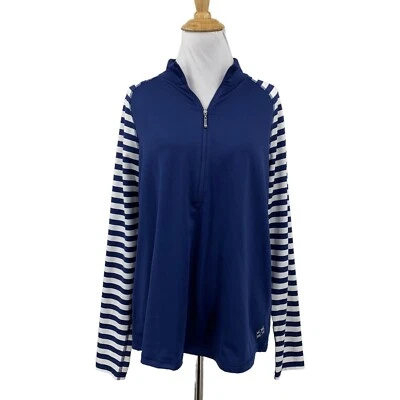 Jofit 衬衫女式 XL 超大号风暴蓝色白色条纹长袖四分之一拉链 — 第 1/4 张图片