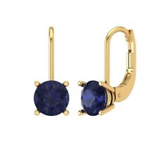 2ct Round Solitaire Drop Dangle Simulated Blue Sapphire Earrings 14k Yellow Gold