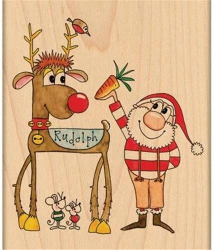 Черный красный резиновый деревянный штамп Penny CHRISTMAS FRIENDS трудно найти олень Санта-Рудольф - Изображение 1 из 1