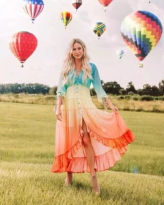 Athina Boho Rainbow Gradient Ruffle Tiered Dress Summer Flare Sleeve Beach Sz L - Picture 1 of 6