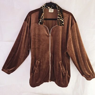 Vintage Teddi Size 2XL Brown Velvet Jacket Cheetah Print Collar Full Zip Pockets - Image 1 of 2