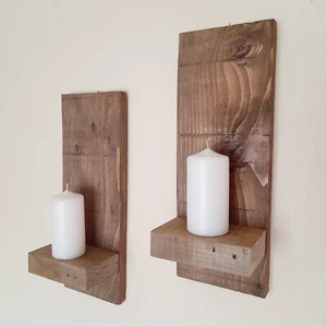 PAR DE CANDELABROS APLIQUE DE PARED SHABBY CHIC HECHOS A MANO MADERA MACIZA RÚSTICA DE 40 CM - Imagen 1 de 7
