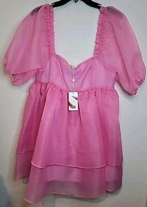 NWT Chelsea and Violet Short Dress Large Pink Sheer Puff Sleeve Babydoll Barbie - Picture 1 of 7