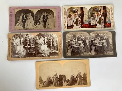 5 cartões antigos de visão estereoscópio de casamento/amor preto e branco e colorido - Imagem 1 de 4