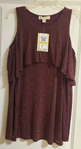 NWT Michael Kors Merlot Gold Shimmer Long Sleeve Cold Shoulder Top Medium - Picture 1 of 2