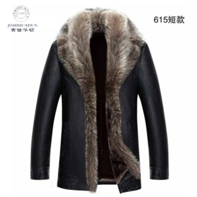 Winter Fox Fur Collar Wool Lining Sheepskin Leather Men's Overcoat Jacket Warm - Image 1 of 4