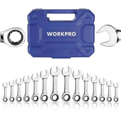 WORKPRO 14PC Ratcheting Combination Stubby Wrench Set SAE 3/8-3/4 Metric 10-18mm - Image 1 of 4