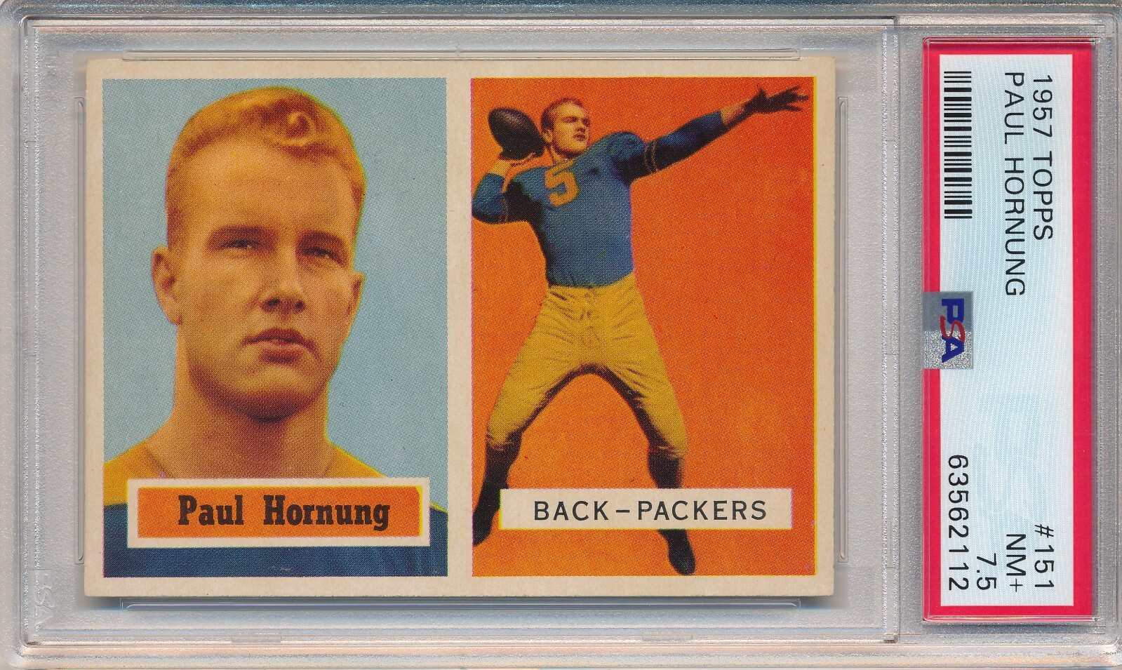 1957 TOPPS PAUL HORNUNG RC #151 PSA 7.5 NM+ HOF ROOKIE PACKERS SUPER CLEAN!