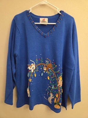 Quacker Factory Cat Holiday Christmas Light Sweater Cardigan Womens Large  - Image 1 of 4