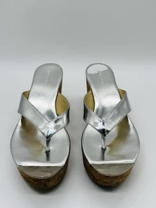 Jimmy Choo Women's Velvety SILVER Cork Wedge Heel Thong Sandals SIZE 40 1/2 - Picture 1 of 15