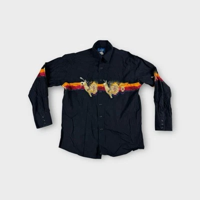 Vintage Wrangler Black Aztec Pearl Snap Long Sleeve Cotton Western Shirt Mens L - Image 1 of 4