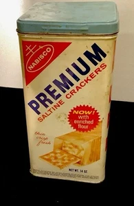 VTG Nabisco Premium Saltine Crackers Metal Tin - 1960’s Square Blue Lid - 14oz - Picture 1 of 5