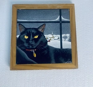 Kitty Print By Lowell Herrero On Tile, Wood Frame VTG - Picture 1 of 3