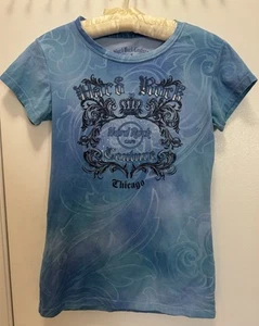 Y2K Chicago Hard Rock Cafe Couture Shirt Juniors Small Bling Blue Rhinestones - Picture 1 of 8