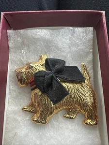 Vintage Gold Tone Scottie Dog Scottish Terrier Pin Brooch With Black Ribbon Bow - Picture 1 of 8