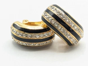 Vintage Gold Tone Rhinestone Black Enamel Half Hoop Clip On Earrings - Picture 1 of 13