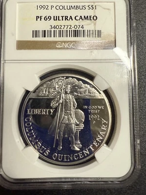 1992 P  COLUMBUS  Silver Dollar NGC PROOF PR 69 UCAM - Image 1 of 4