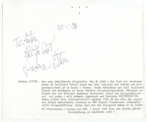 Nota autógrafa original firmada 1988 del director de orquesta estadounidense Andrew Litton - Imagen 1 de 1