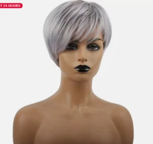 Frauen Frauen Natürliche Kurze Grau Mix Glatte Haare Perücken Cosplay Volle Perücke - Bild 1 von 8