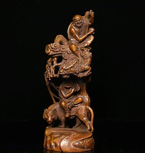 7" Collect Chinese Buddhism Boxwood Wood subdue Draogn Tiger Arhat Buddha Statue - Picture 1 of 10