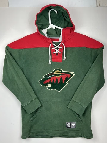 MINNESOTA WILD Mens Sweater Medium Green Collar Tie Pullover Hoodie Fanatics NHL Cover