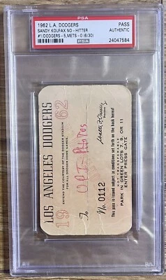1962 DODGERS SEASON PASS🎟️VALID SANDY KOUFAX 1ST CAREER NO-HITTER 6/30/1962 PSA - Image 1 of 4
