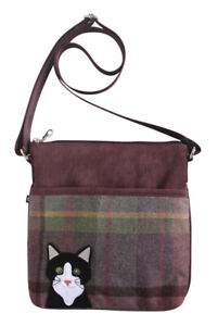 Earth Squared Fair Trade Tartan Tweed Cat Applique Crossbody Handbag Purple