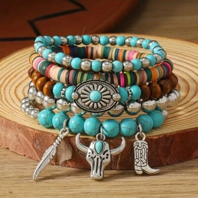 Juego de 5 pulseras azul turquesa cuentas de madera dijes plateados boho occidental nuevo Foto 1 de 3