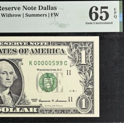 1999 $1 Federal Reserve Note PMG 65EPQ wanted popular low serial number 599 - Image 1 of 3