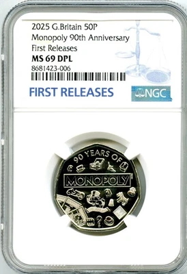 2025 GREAT BRITAIN 50P NGC MS69 DPL 90TH ANNIVERSARY MONOPOLY - FR - TOP POP=9 - Image 1 of 2
