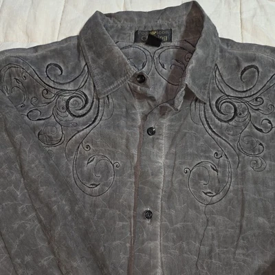 Camisa masculina ícone pop L ocidental bordada jugo preta manga longa botão para cima vintage - Imagem 1 de 4