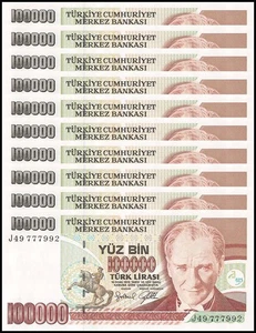 Turkey 100000 Lira, L.1970 (1997 ND), P-206a.1, UNC X 10 PCS - Picture 1 of 2