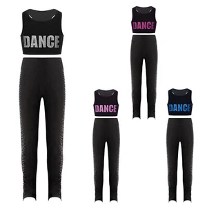 Kids Girls Dance Outfits 2 Piece Figure Skating Costume Dancing Gymnastics - Picture 1 of 55