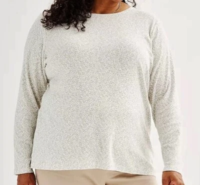 Croft & Barrow 100% Cotton LS Knit Top - Beige & White Leaves  1X, 2X, 3X NWT - Image 1 of 4