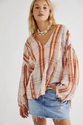 Free People Solstice Plaid Top Blouse Tan Orange Pullover Gauzy Oversized XS NEW - Image 1 of 4
