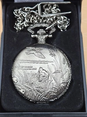 Reloj Bolsillo Geneva Tono Plateado Escénico Pato Observador de Perros con Cadena Nuevo en Caja Foto 1 de 4