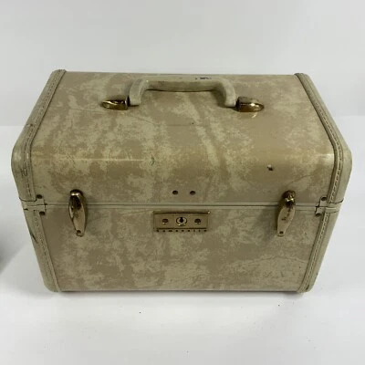 Vintage 1950's SAMSONITE Streamlite MAKEUP TRAIN CASE Suitcase MARBLE TAN No Key - Image 1 of 4