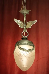 SILBER NICKEL KRONLEUCHTER ANTIK DECKENLAMPE JUGENDSTIL SATINIERTES GLAS MESSING - Bild 1 von 8