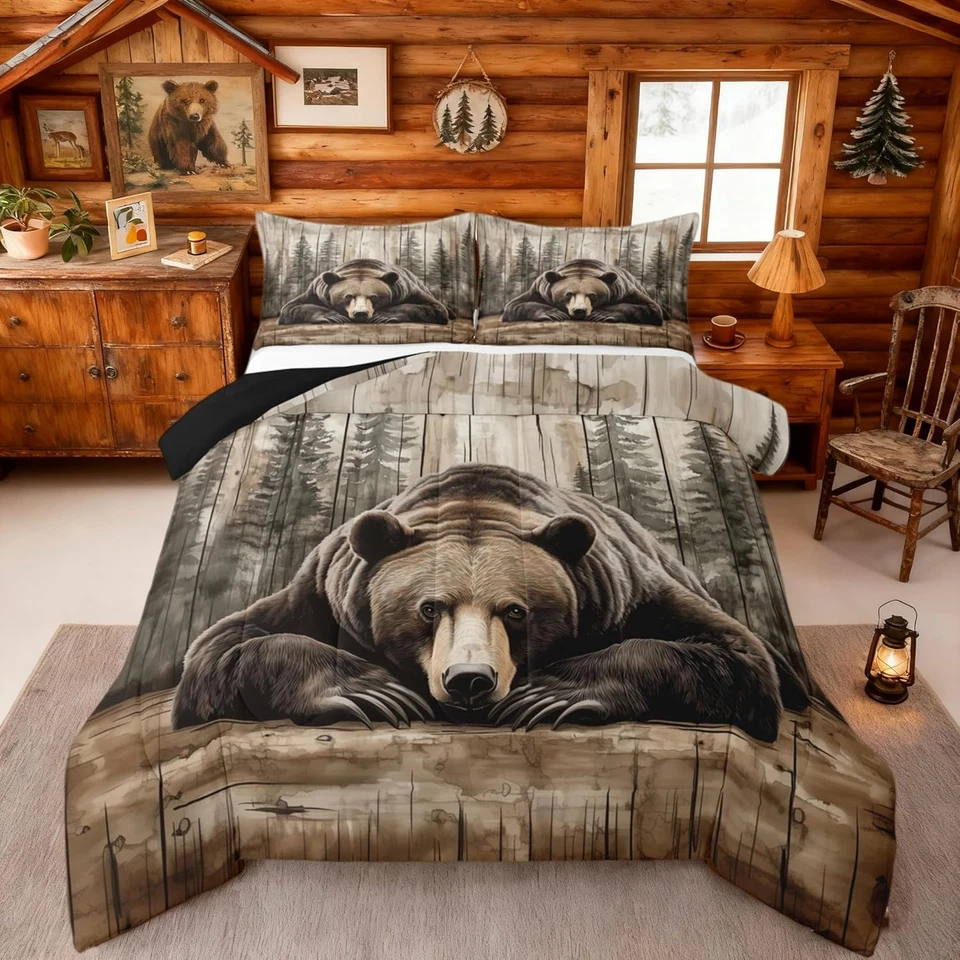 Juego de cama completo de oso pardo caza animales salvajes edredón rústico granja Foto 1 de 4